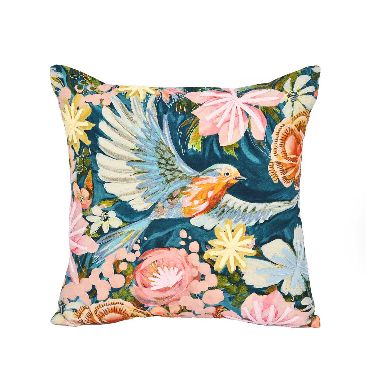 Blooming Bird Cotton Cushion Cover- Multicolor