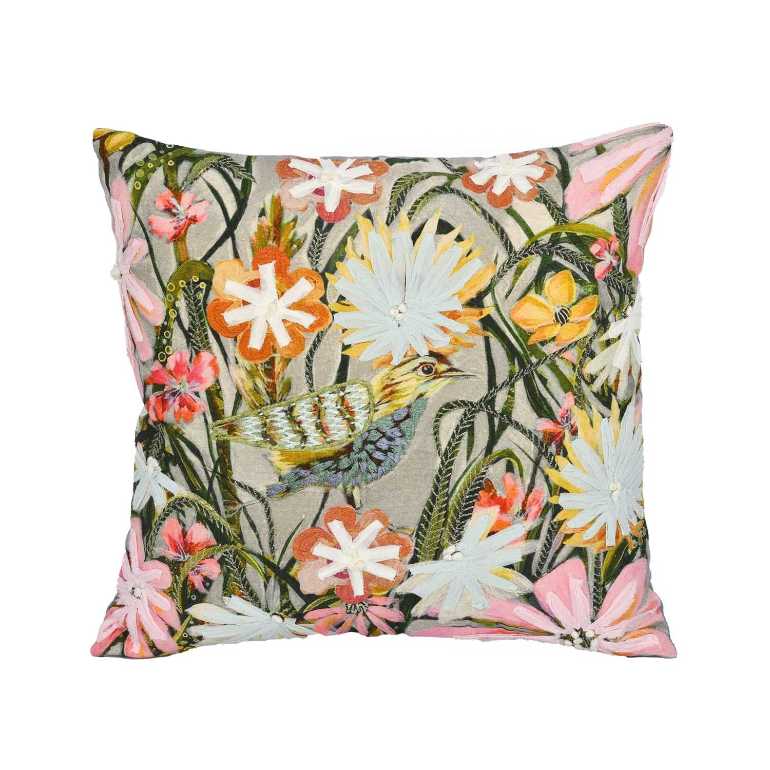 Floral Birds Cotton Cushion Cover - Multicolor