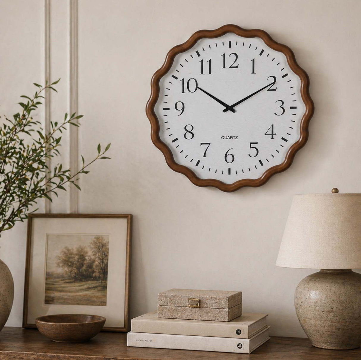 Scalloped Edge Wooden Wall Clock- Beige