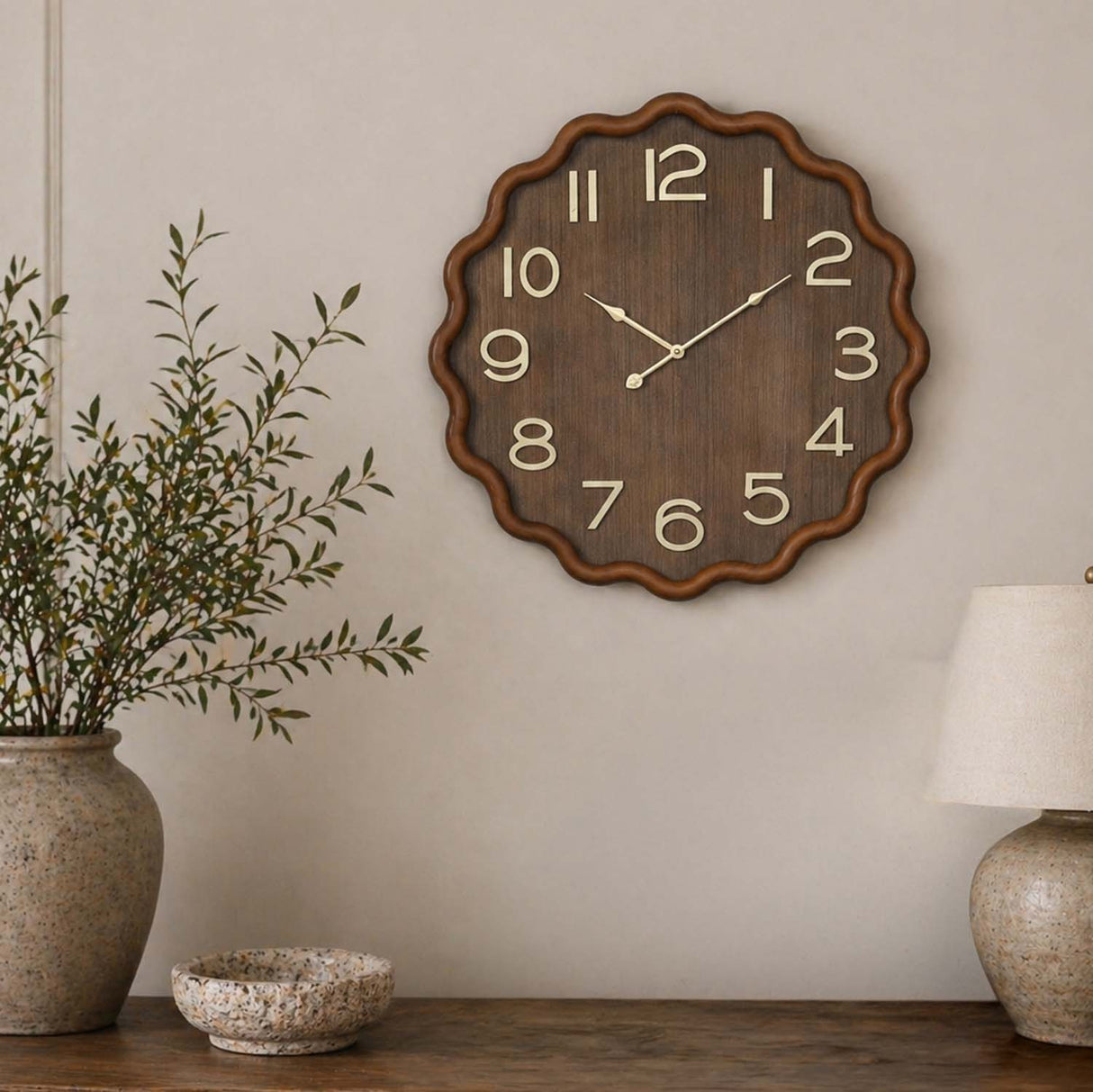 Wavy Edge Wooden Wall Clock- Brown