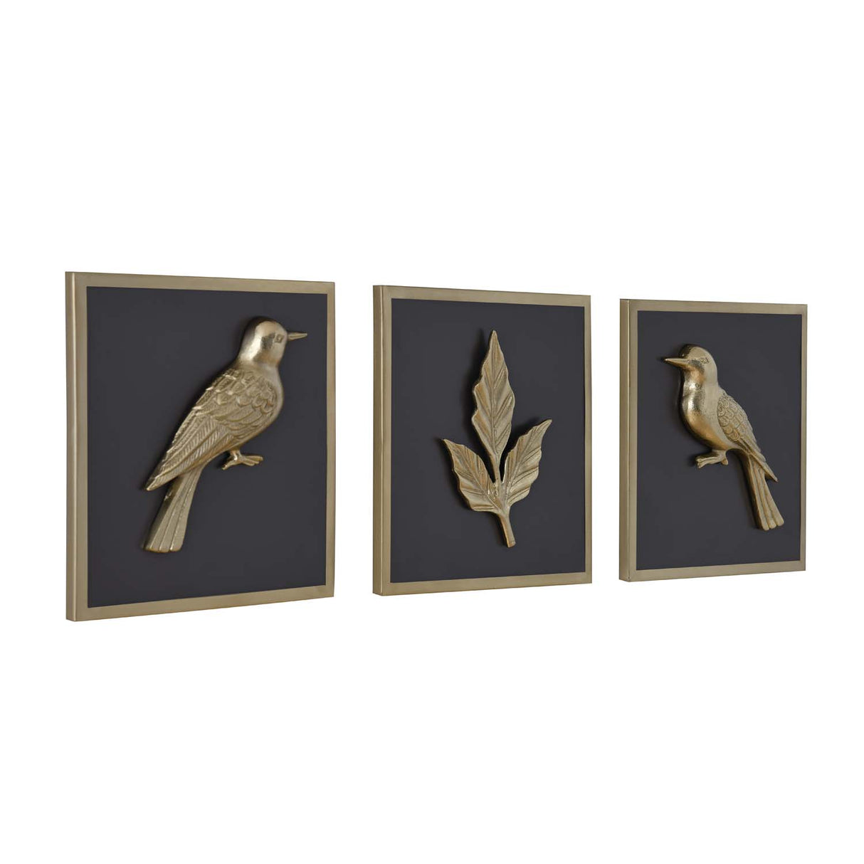 Birds and Leaf Metal & MDF Wall Art Set of 3- Gold & Brown