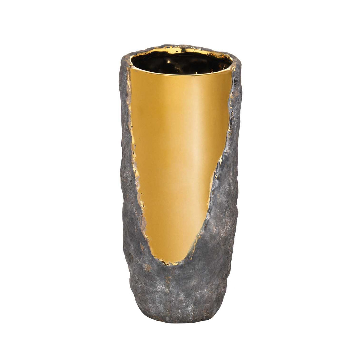 Decorative Cylindrical Shape Ceramic Stone Texture Vase- Grey and Gold