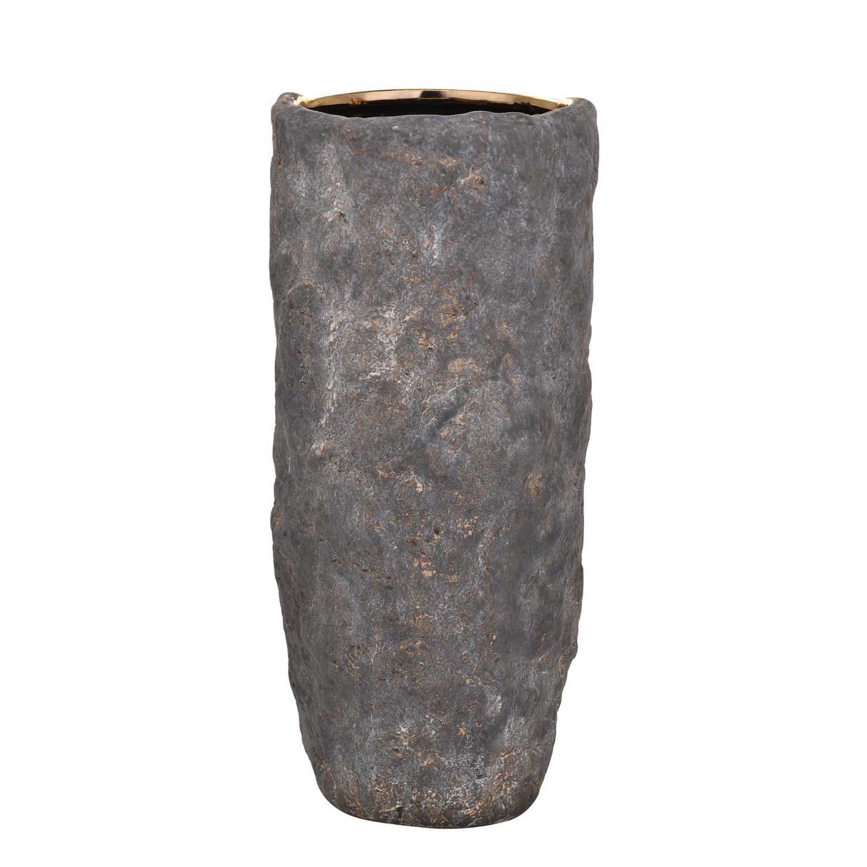 Decorative Cylindrical Shape Ceramic Stone Texture Vase- Grey and Gold