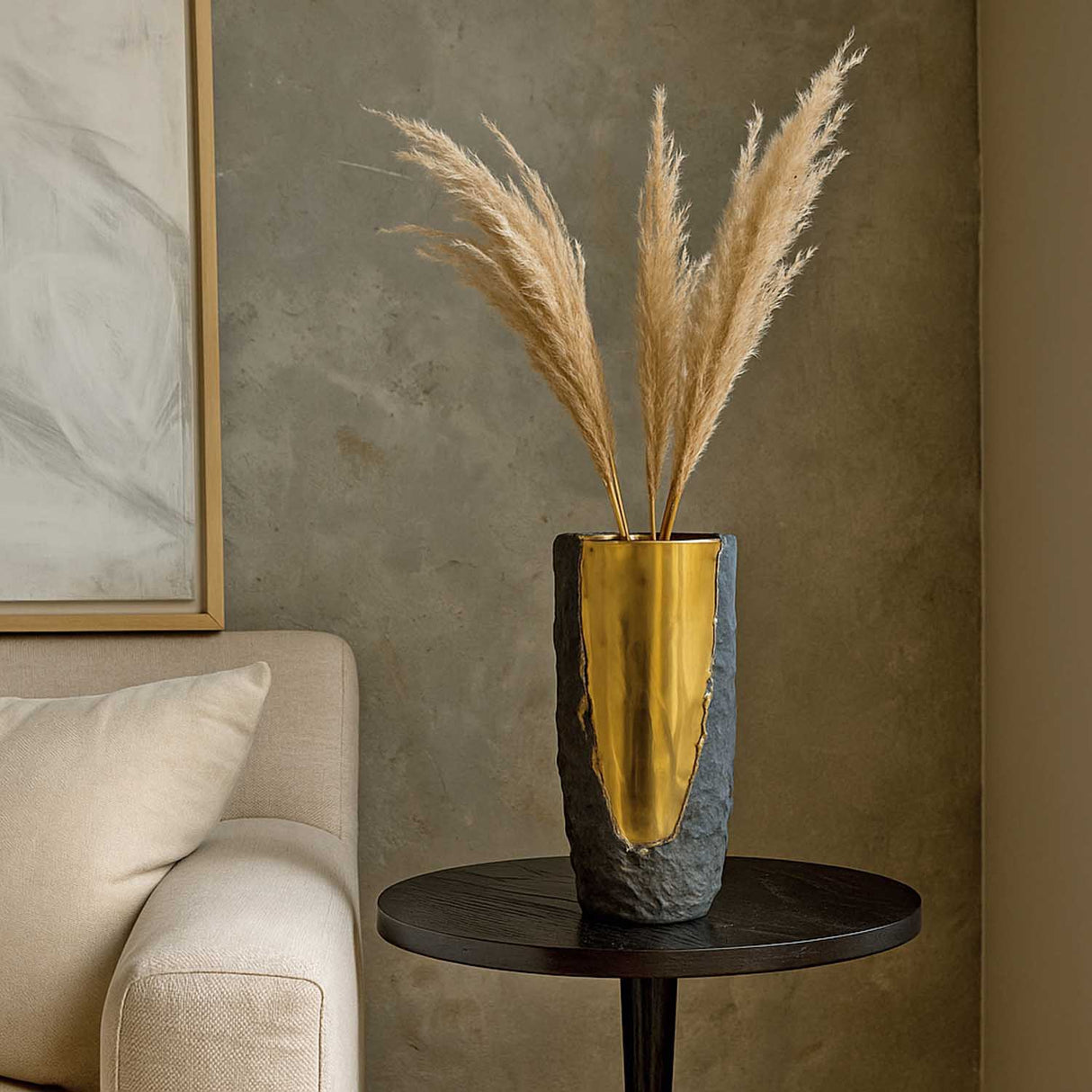 Decorative Cylindrical Shape Stone Texture Vase Large- Grey and Gold