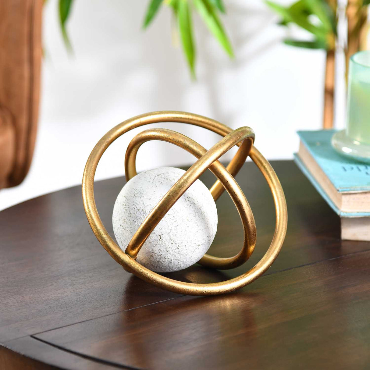 Golden Metal Rings with Sphere Table Décor Showpiece Large- White and Gold