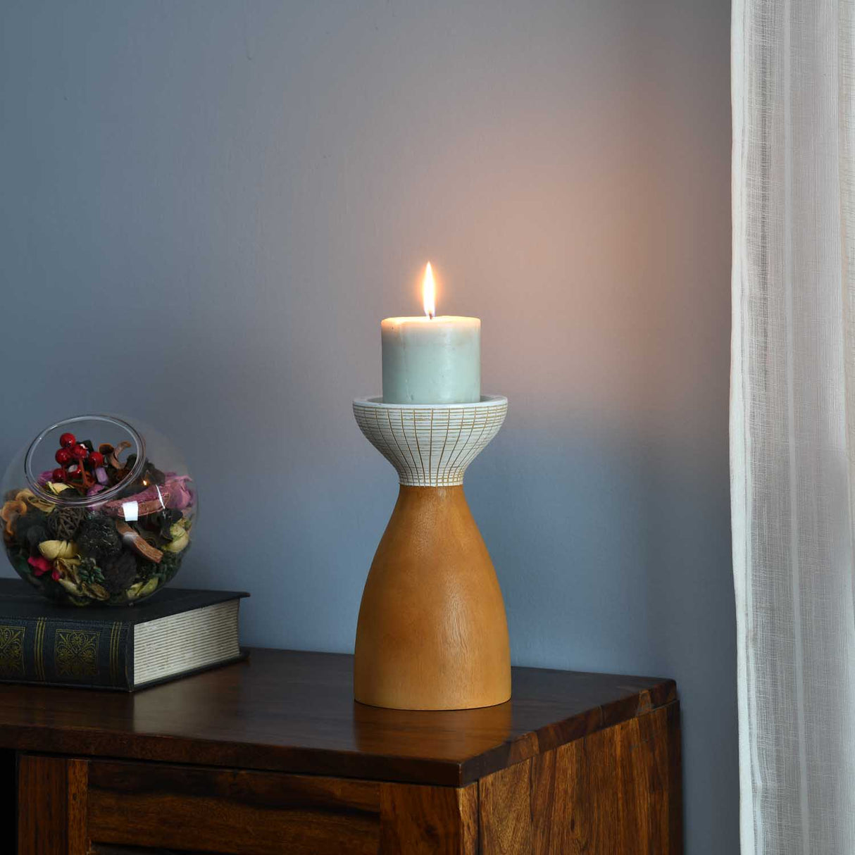 Wooden Small Candle Holder- Brown and White