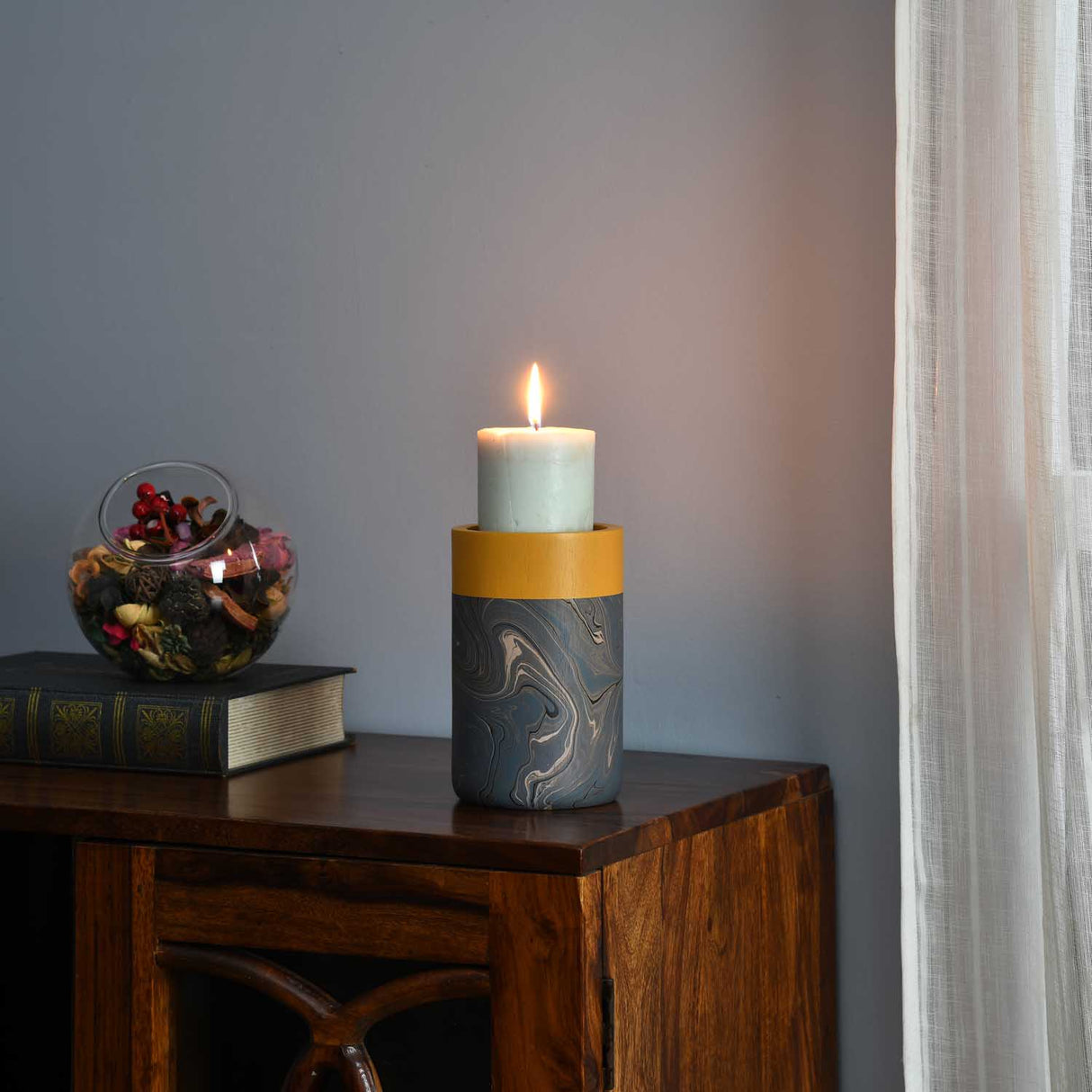 Wooden Large Candle Holder with Dual Tone Marble Finish- Brown and Grey