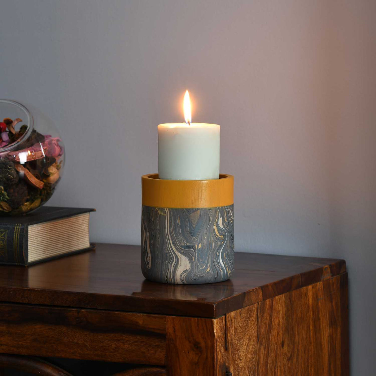 Wooden Small Candle Holder with Dual Tone Marble Finish- Brown and Grey