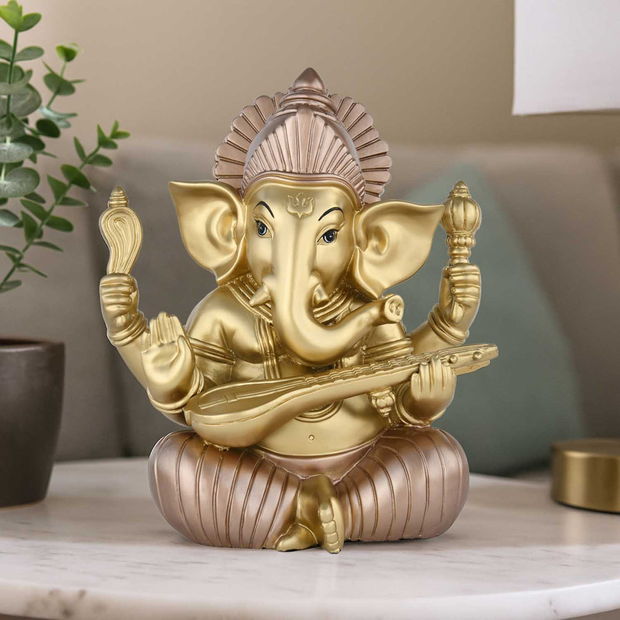 Ganesha Playing Sitar Decorative Polyresin Showpiece- Bronze and Gold