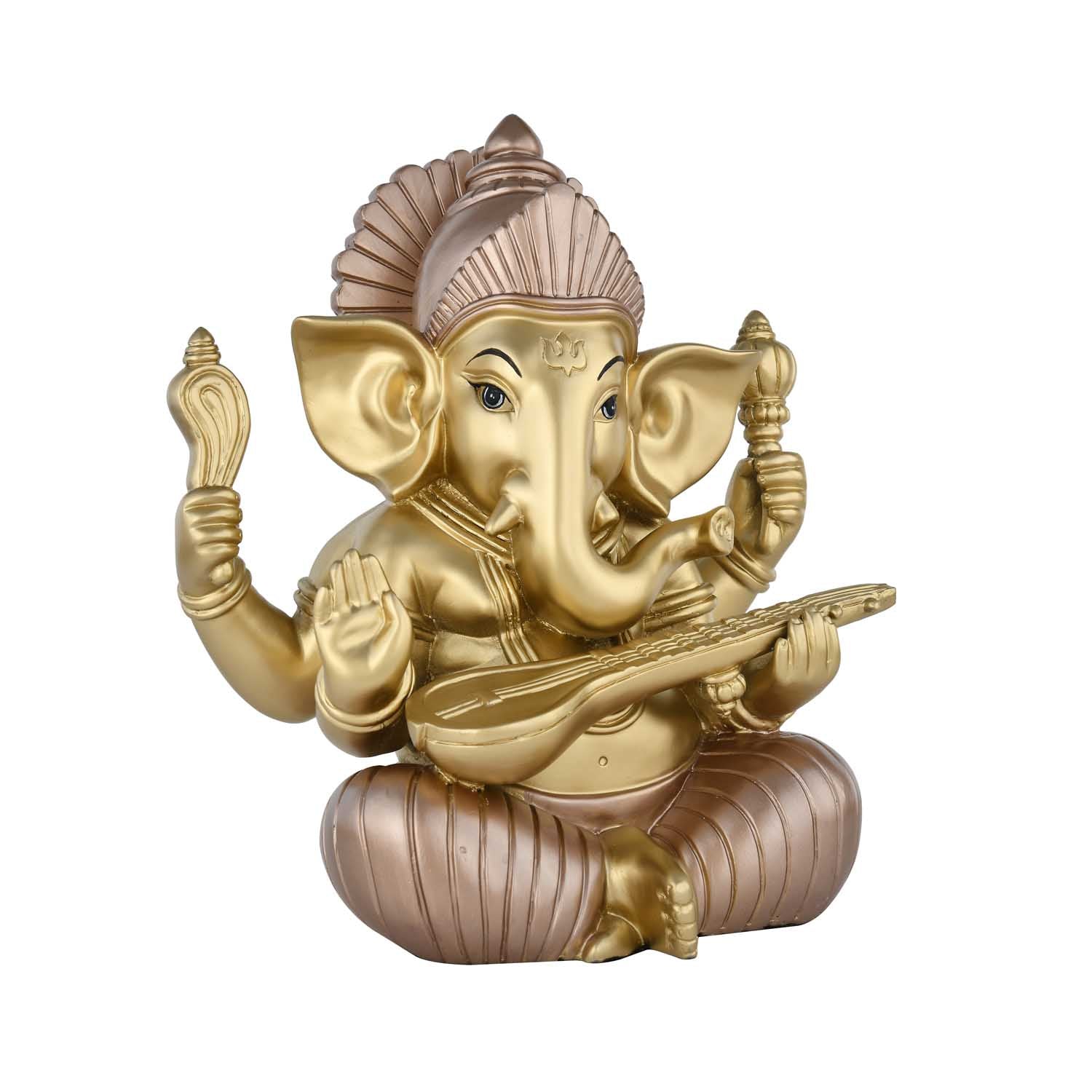 Ganesha Playing Sitar Decorative Polyresin Showpiece- Bronze and Gold