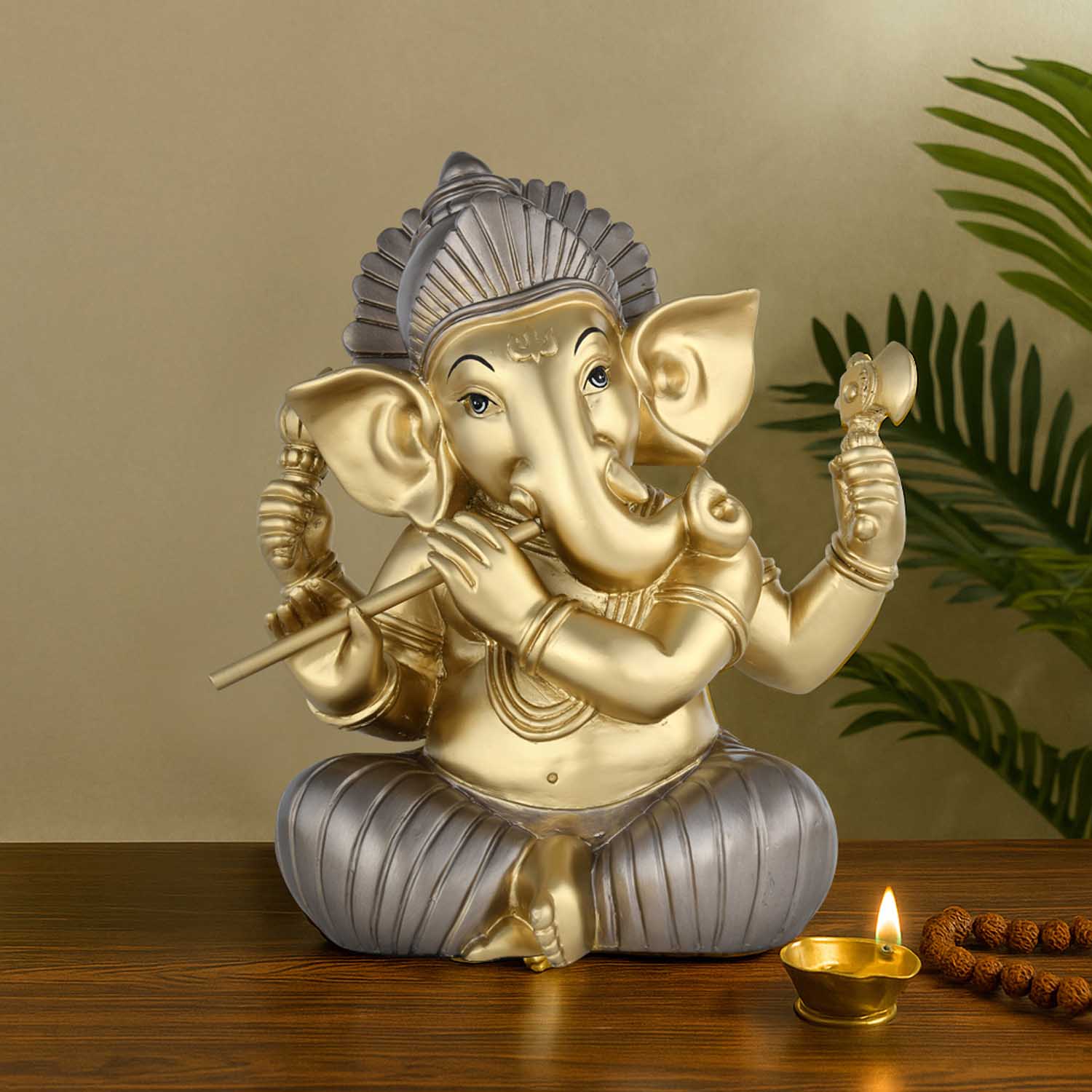 Ganesha Playing Flute Decorative Polyresin Showpiece- Grey and Gold