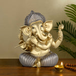 Ganesha Playing Flute Decorative Polyresin Showpiece- Grey and Gold