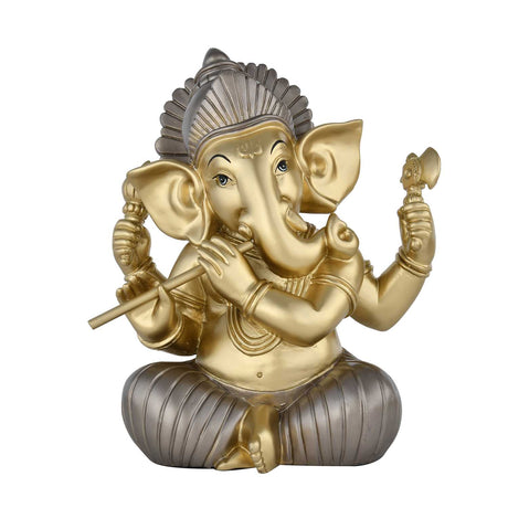 Ganesha Playing Flute Decorative Polyresin Showpiece- Grey and Gold