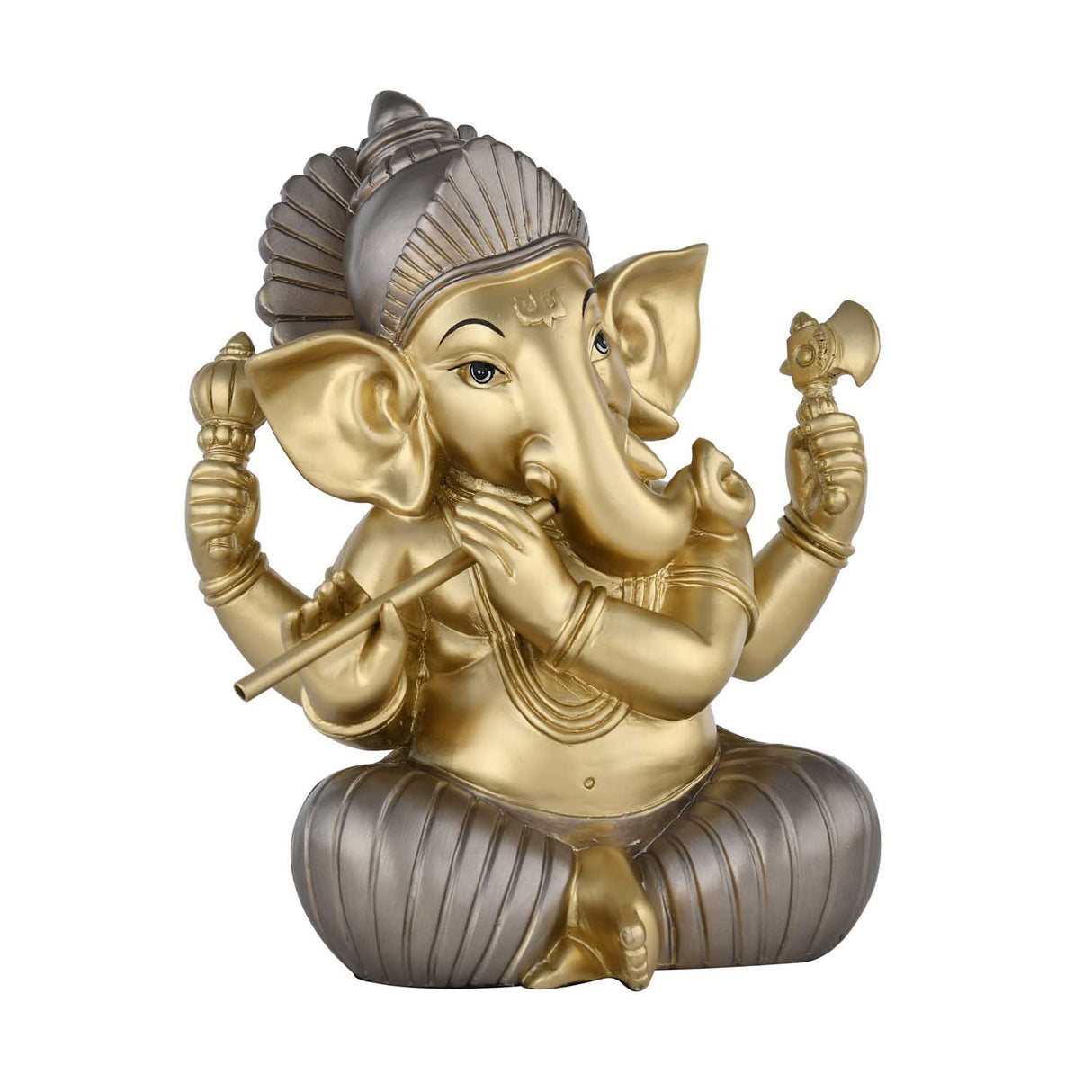 Ganesha Playing Flute Decorative Polyresin Showpiece- Grey and Gold