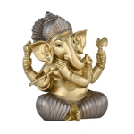 Ganesha Playing Flute Decorative Polyresin Showpiece- Grey and Gold