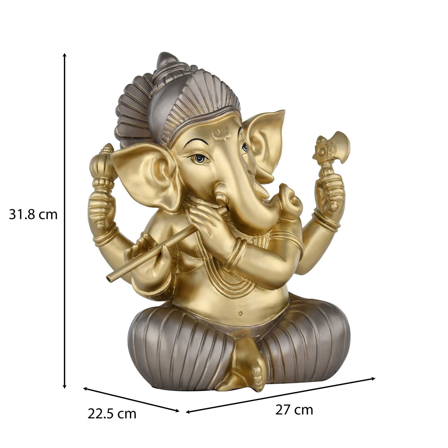 Ganesha Playing Flute Decorative Polyresin Showpiece- Grey and Gold