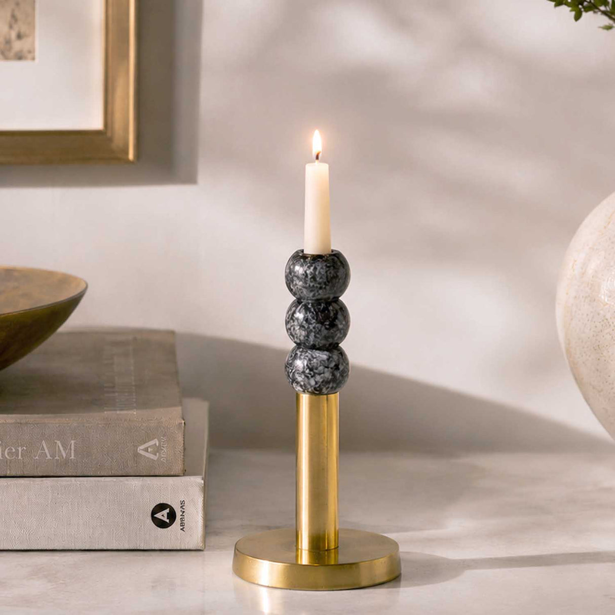 Decorative Stacked Metal Candle Holder- Black & Gold
