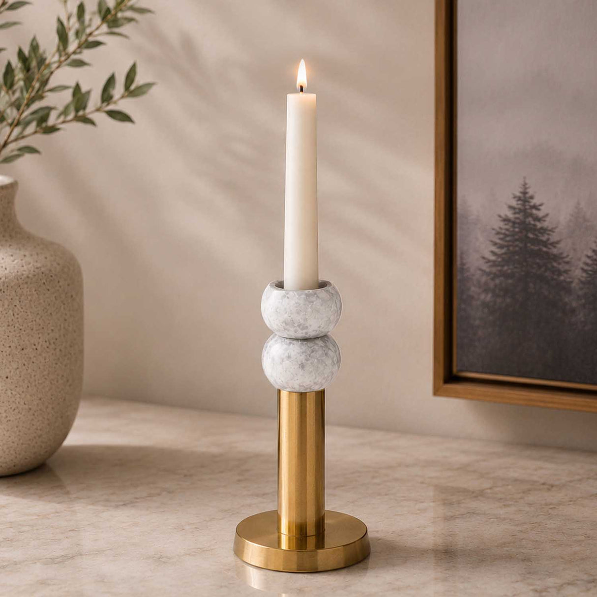 Decorative Stacked Metal Candle Holder- White & Gold