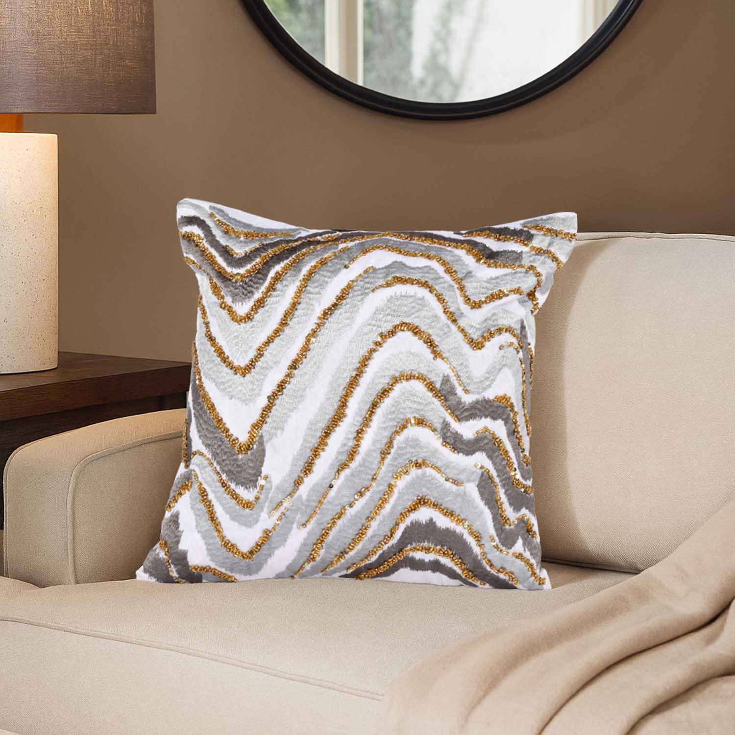 Wavy Pattern Polyester Cushion Cover- Gold and Grey