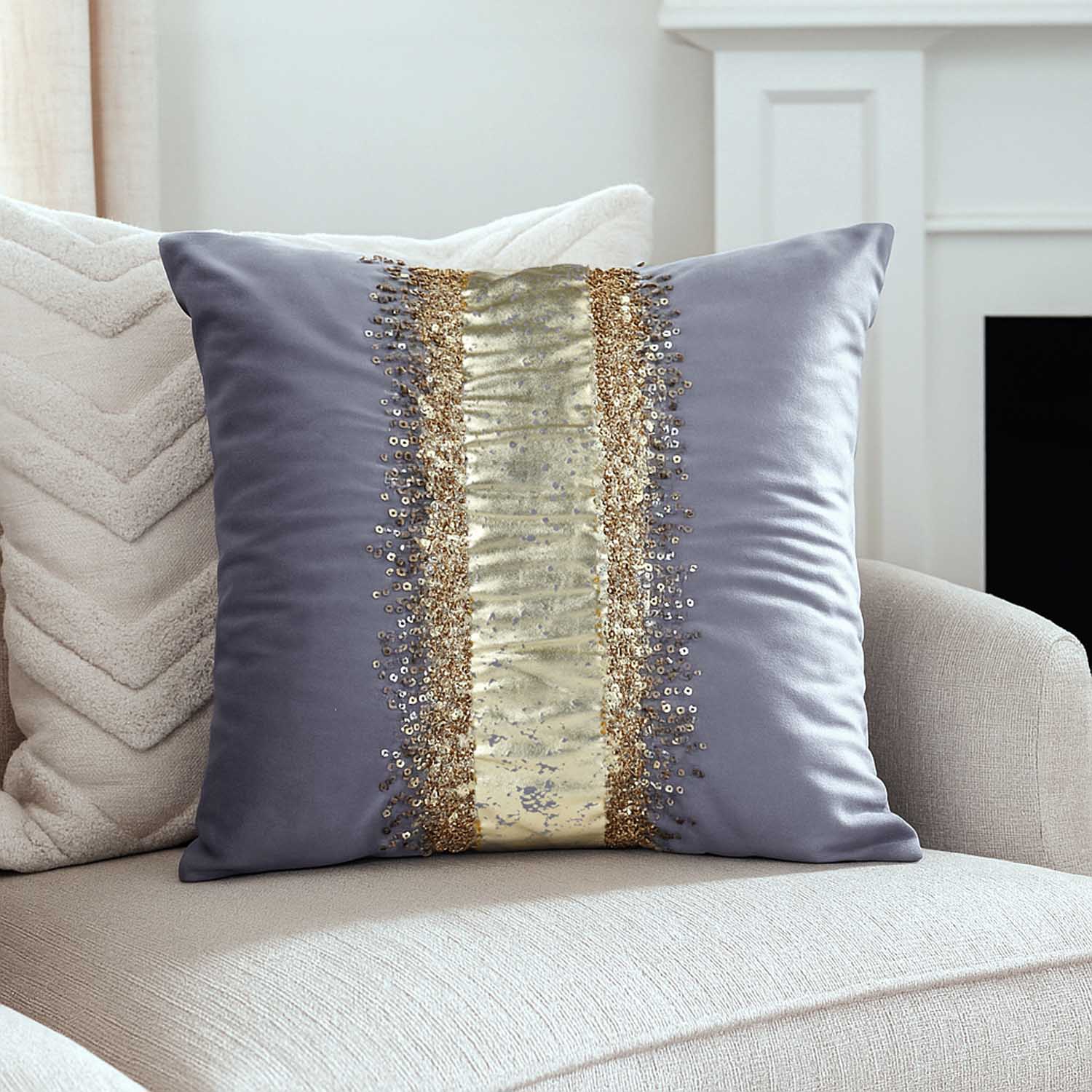 Patch Pattern Polyester Cushion Cover- Gold and Grey