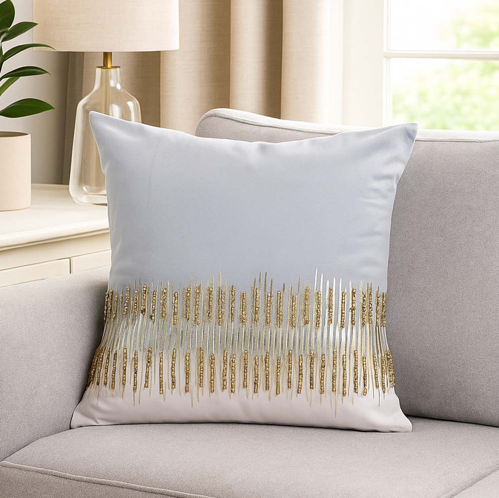 Stripes Polyester Cushion Cover- Gold and Grey