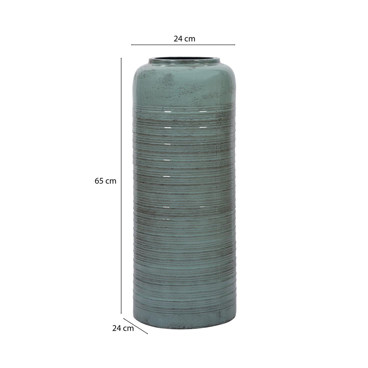 Ribbed Cylindrical Metal Floor Vase- Green