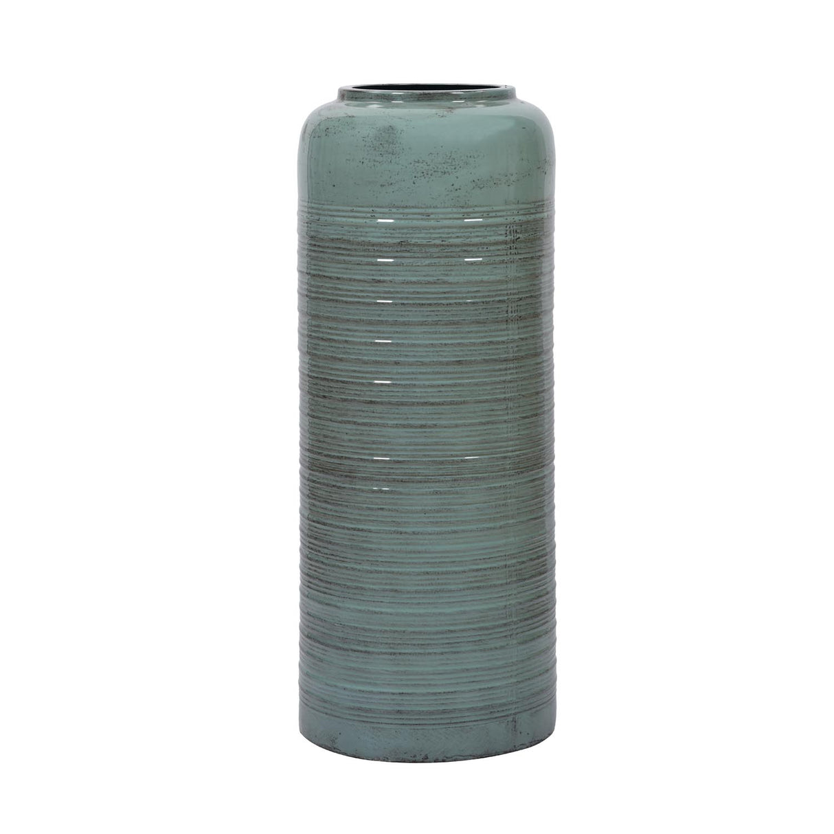 Ribbed Cylindrical Metal Floor Vase- Green