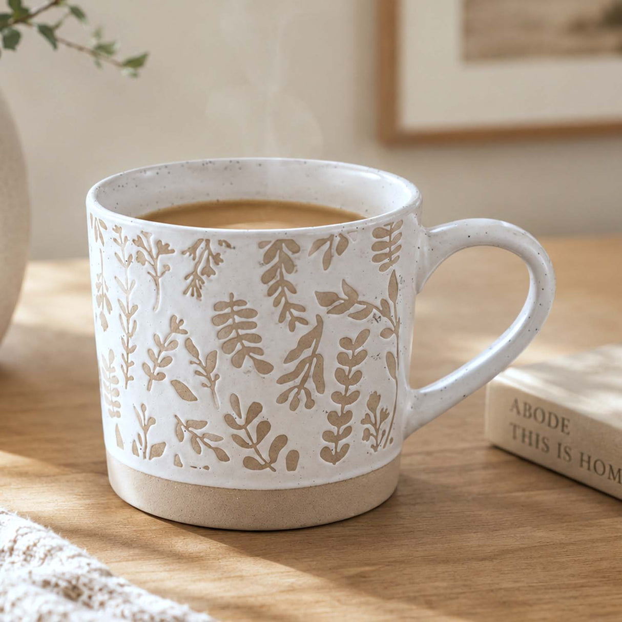 Leaf Design 400 ml Ceramic Coffee Mug- Beige