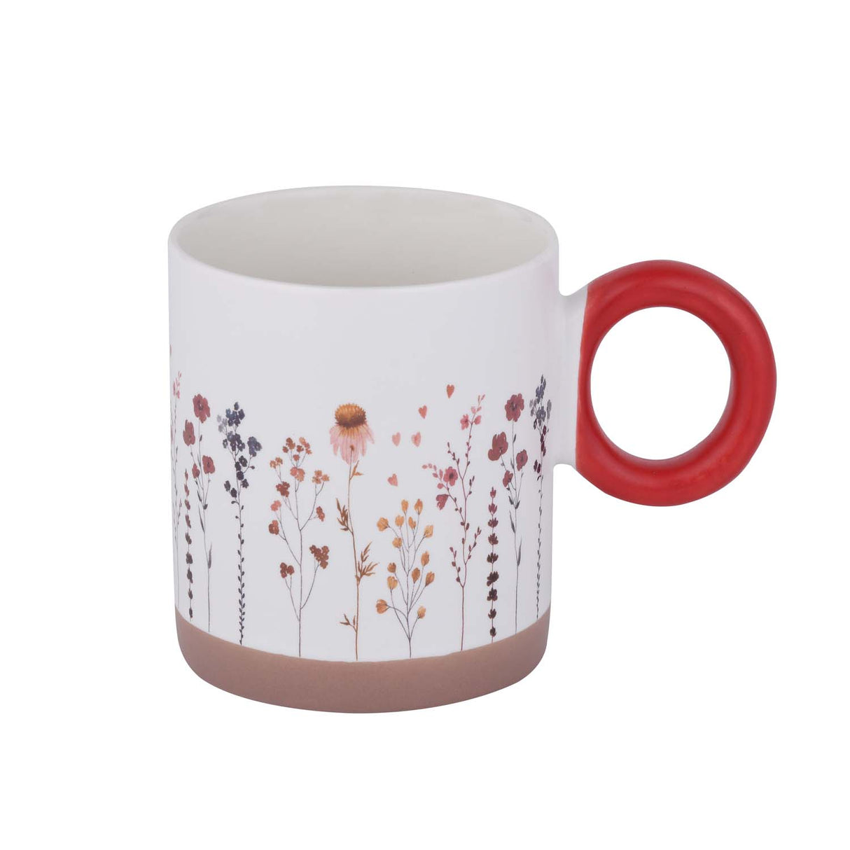 Floral Design 420 ml Round Handle Ceramic Coffee Mug- Red