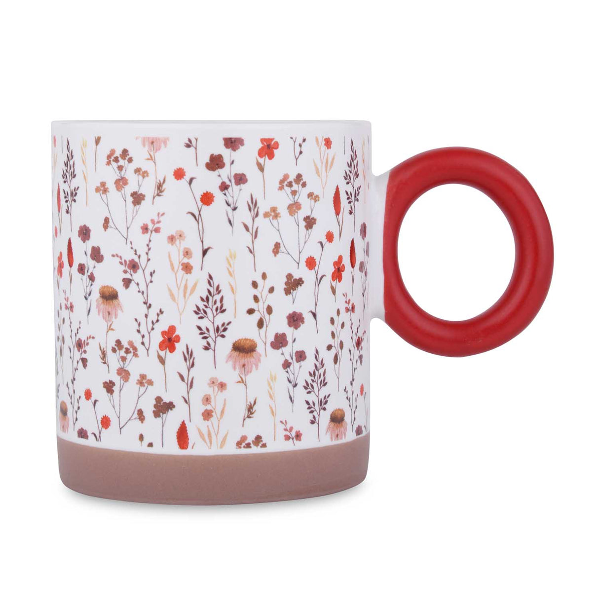 Floral Design 420 ml Round Handle Ceramic Coffee Mug- Red