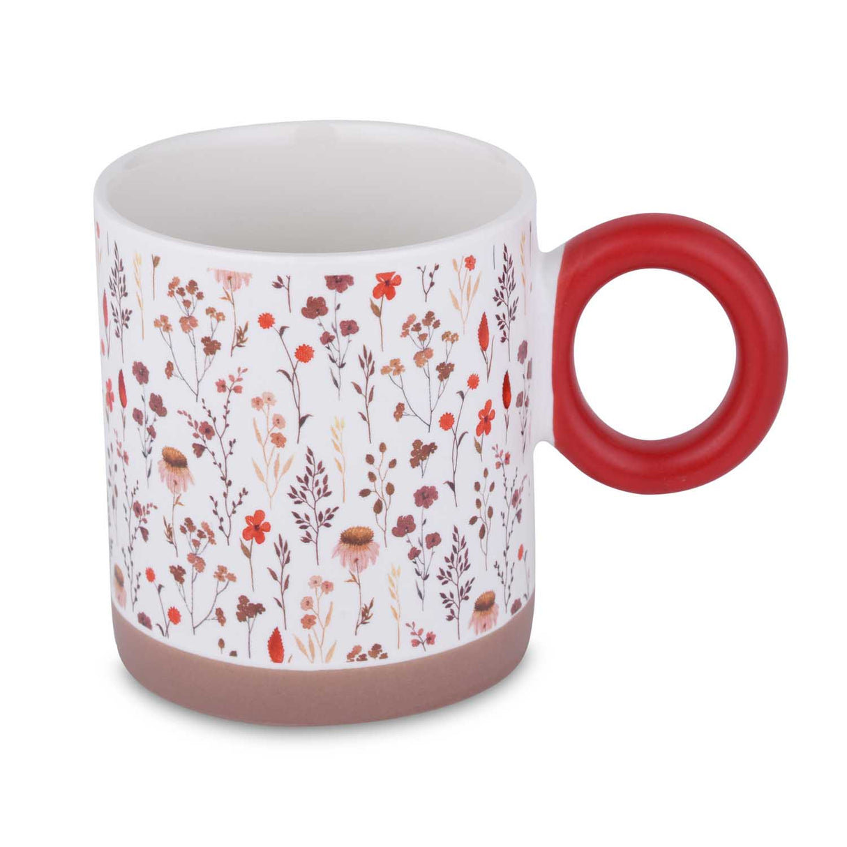 Floral Design 420 ml Round Handle Ceramic Coffee Mug- Red