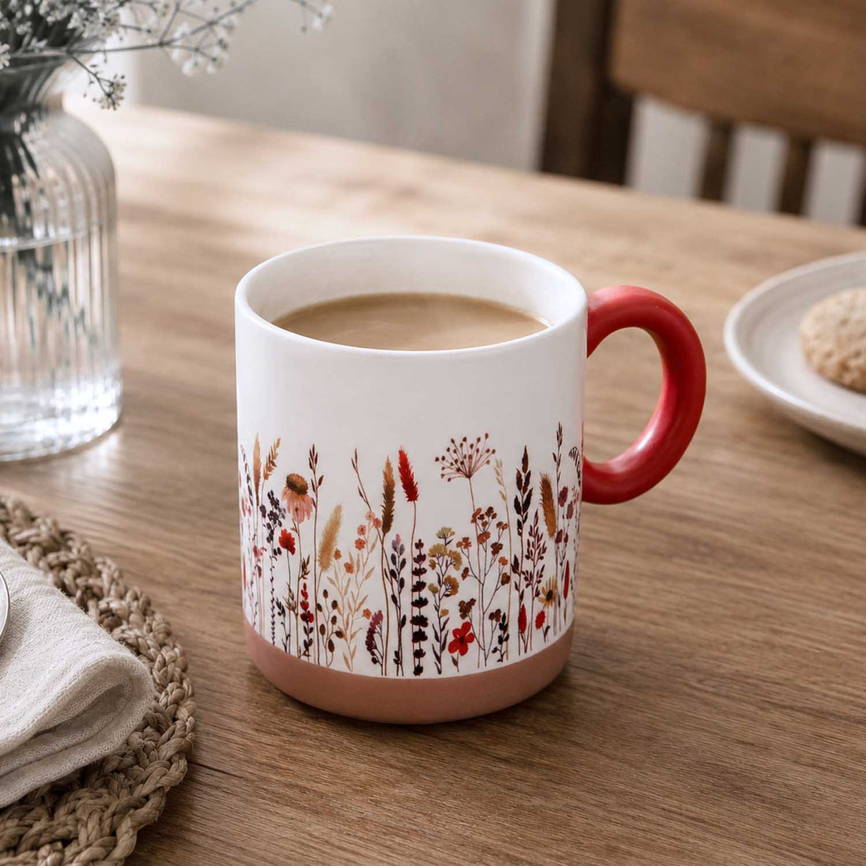 Floral Design 420 ml Round Handle Ceramic Coffee Mug- Red