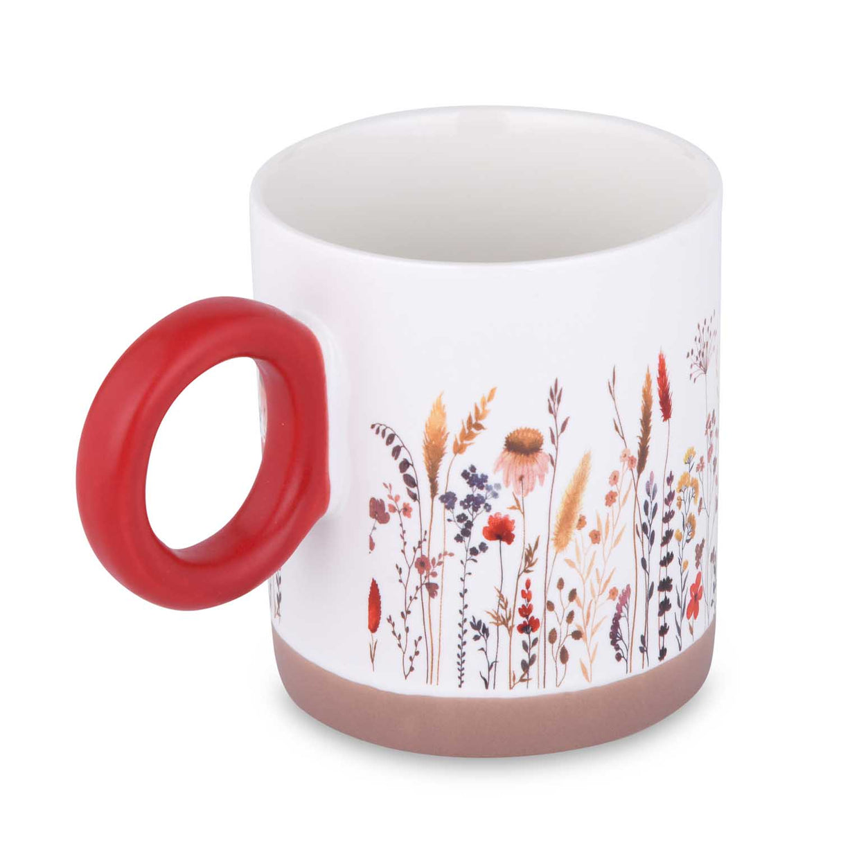Floral Design 420 ml Round Handle Ceramic Coffee Mug- Red