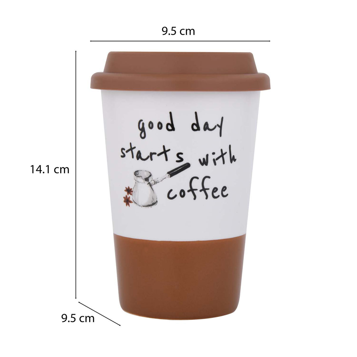 Good Day Printed 420 ml Ceramic Coffee Mug with Lid- Brown