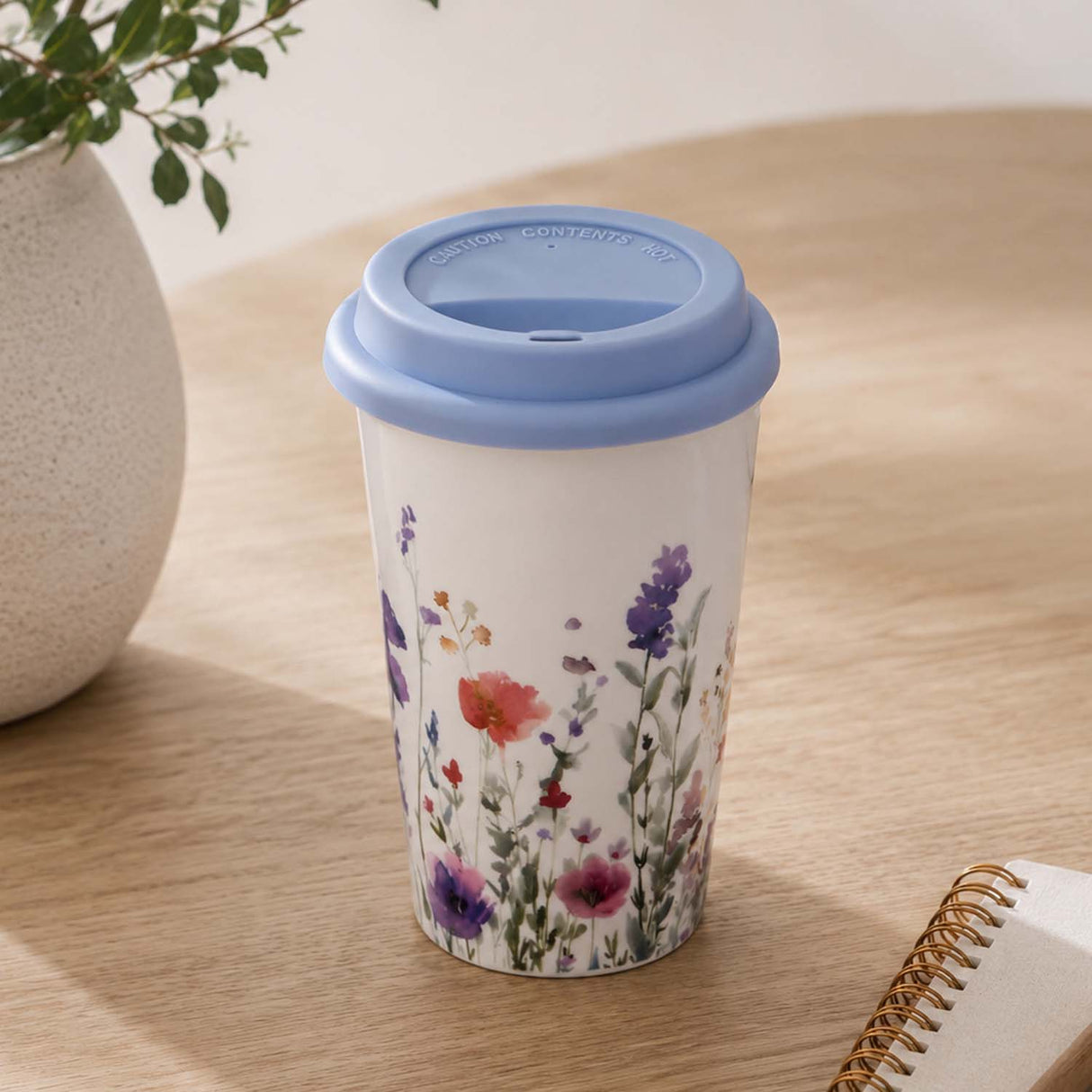 Floral Design 420 ml Ceramic Coffee Mug with Lid- Blue