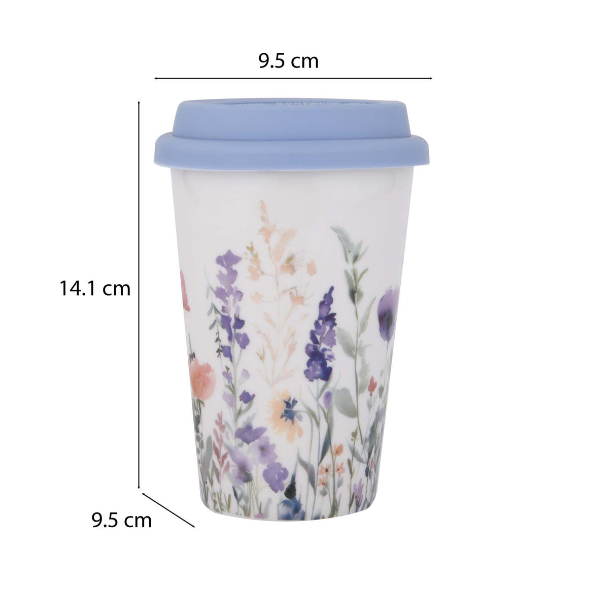 Floral Design 420 ml Ceramic Coffee Mug with Lid- Blue