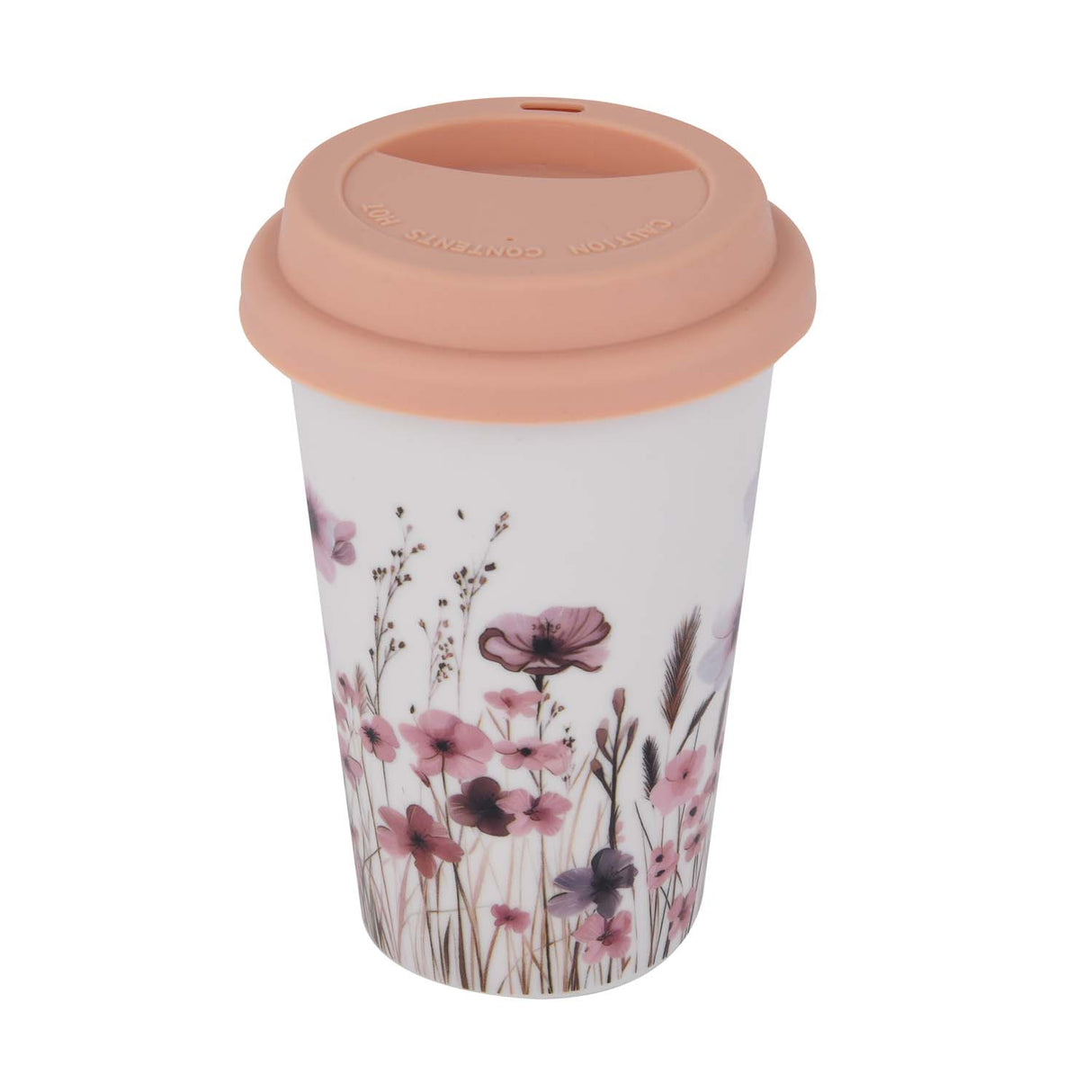 Floral Design 420 ml Ceramic Coffee Mug with Lid- Pink