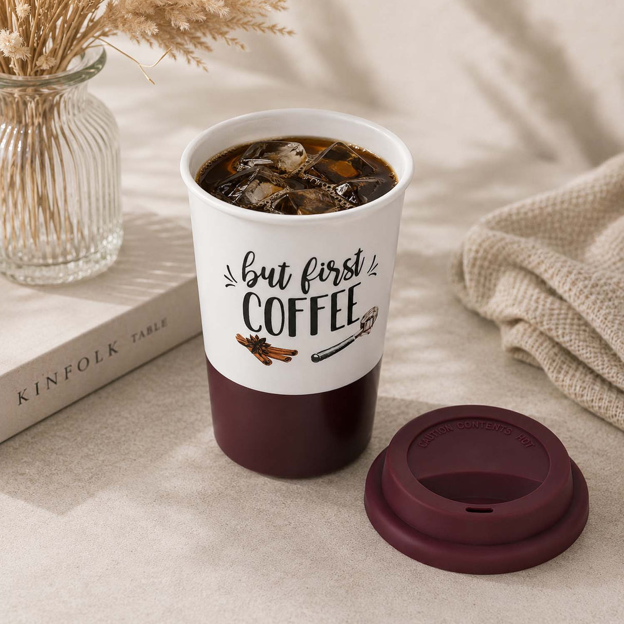 But First Coffee Printed 420 ml Ceramic Coffee Mug with Lid- Brown
