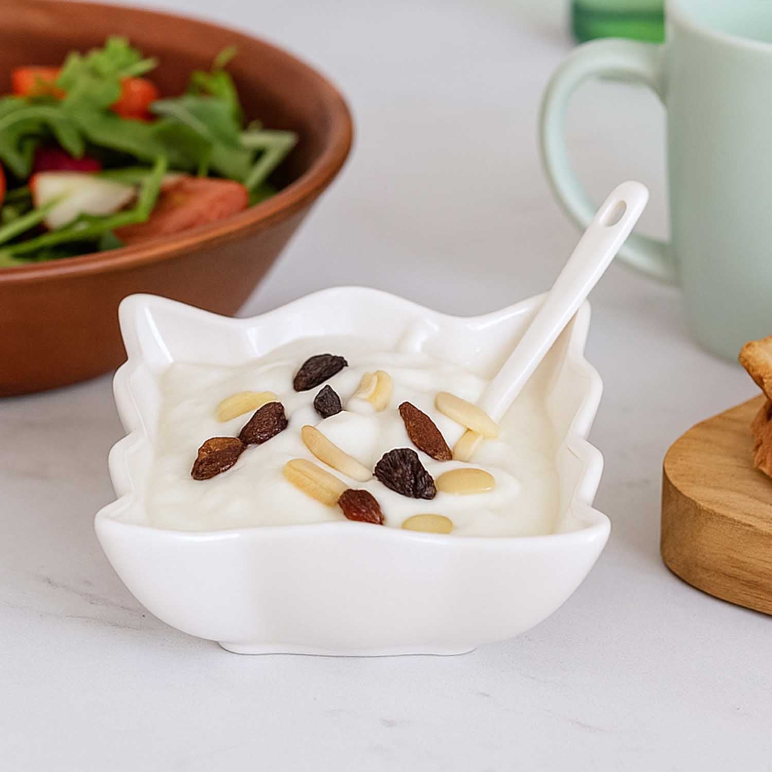 Abstract Ceramic Bowls and Spoons Set of 8- White