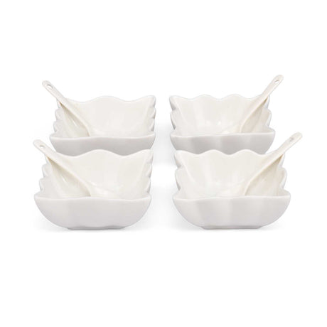 Abstract Ceramic Bowls and Spoons Set of 8- White