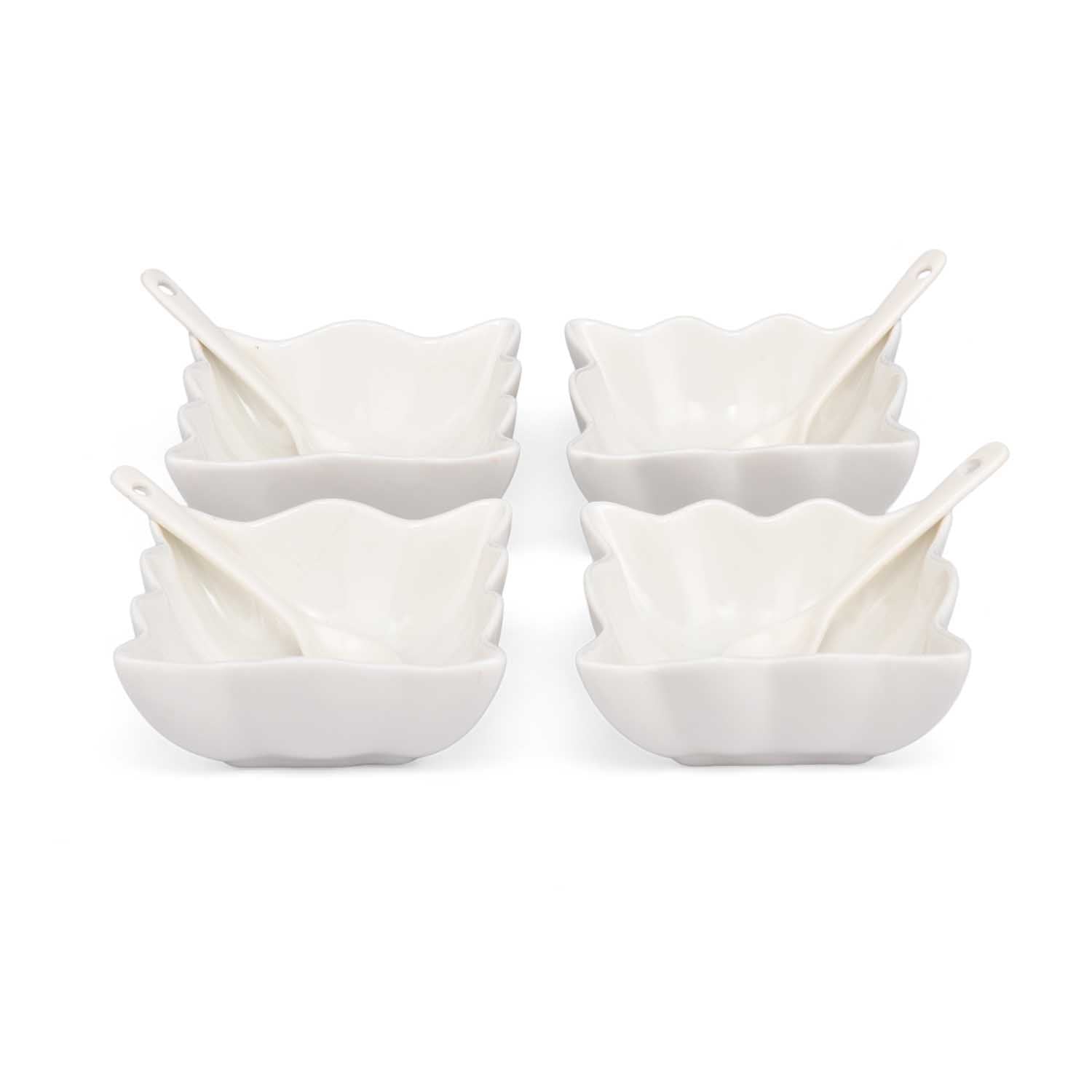 Abstract Ceramic Bowls and Spoons Set of 8- White