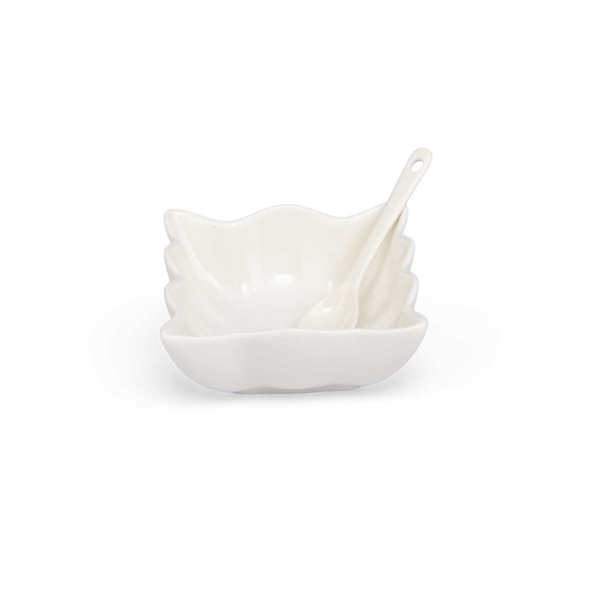 Abstract Ceramic Bowls and Spoons Set of 8- White