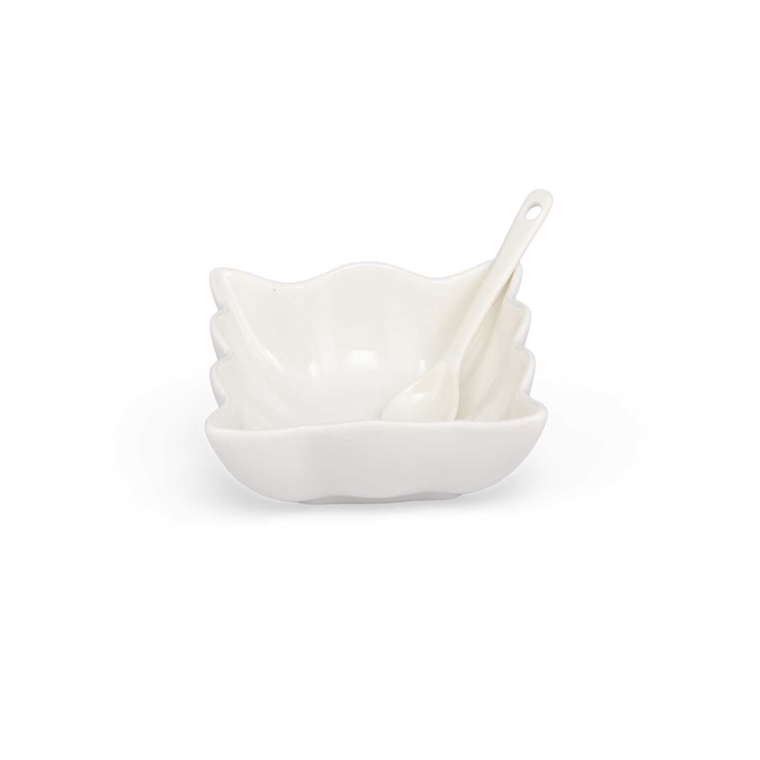 Abstract Ceramic Bowls and Spoons Set of 8- White