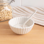 Round Ceramic Bowls and Spoons Set of 8- White