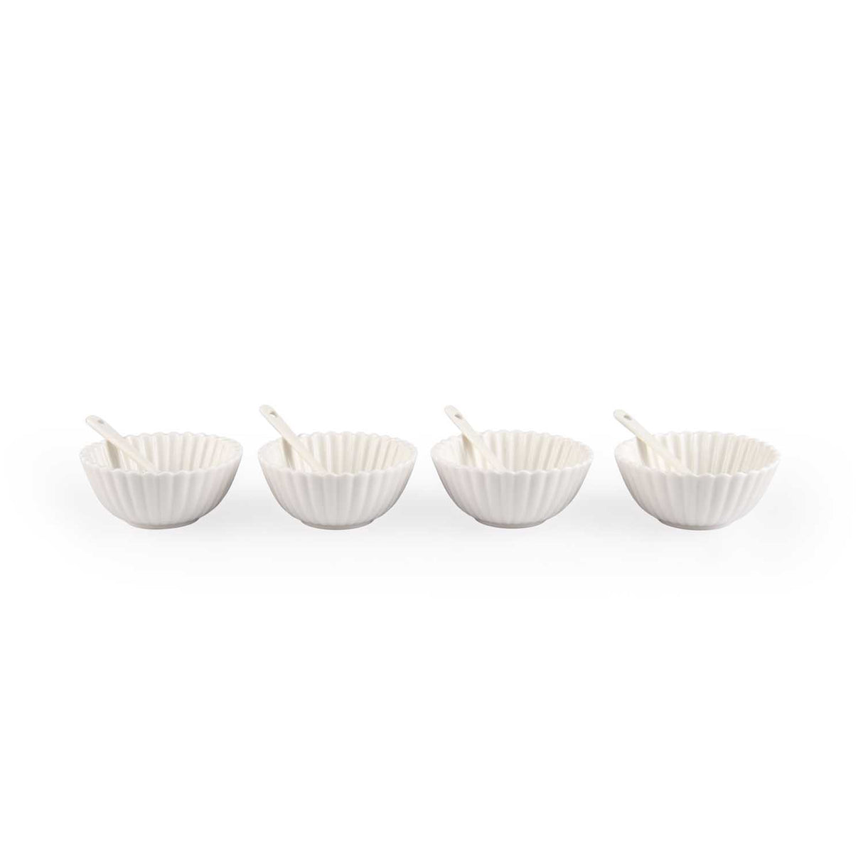 Round Ceramic Bowls and Spoons Set of 8- White