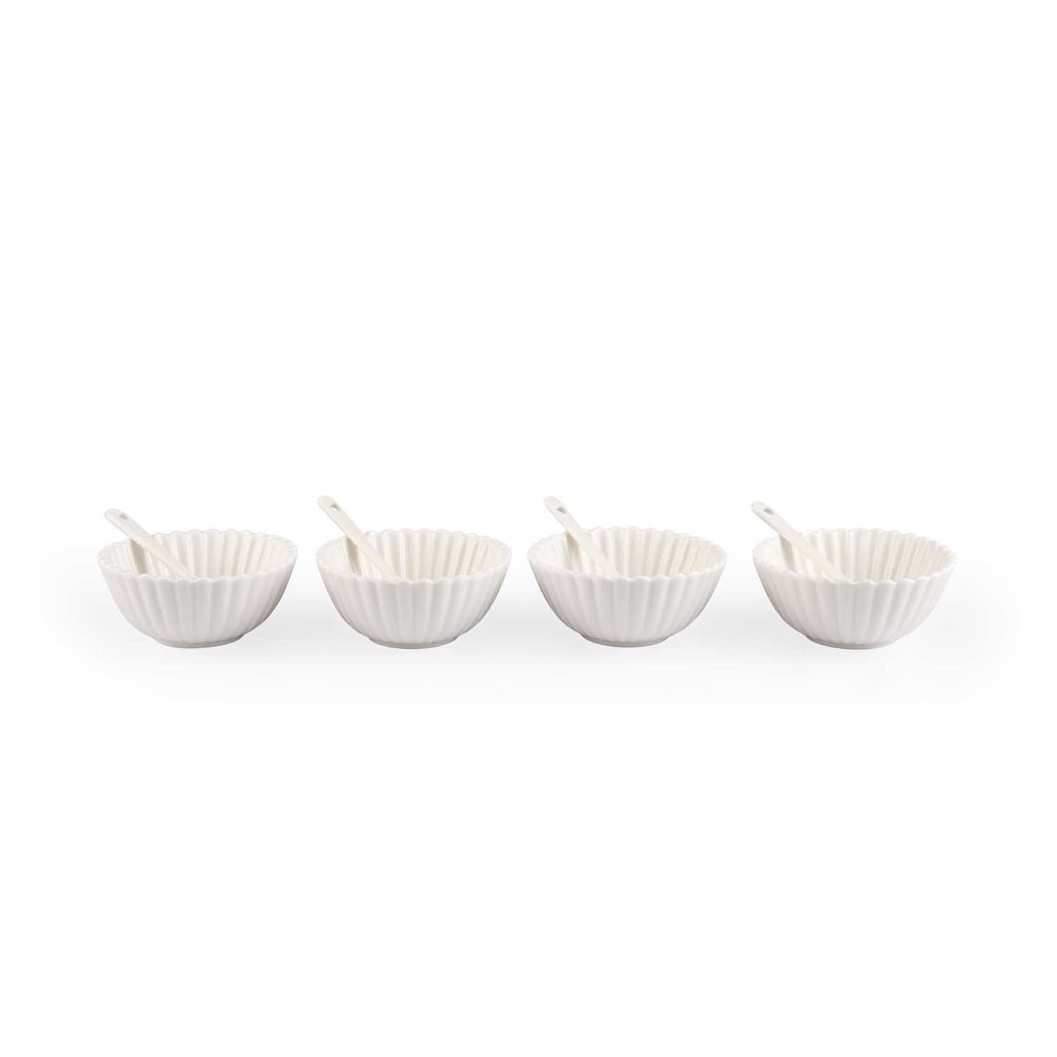 Round Ceramic Bowls and Spoons Set of 8- White