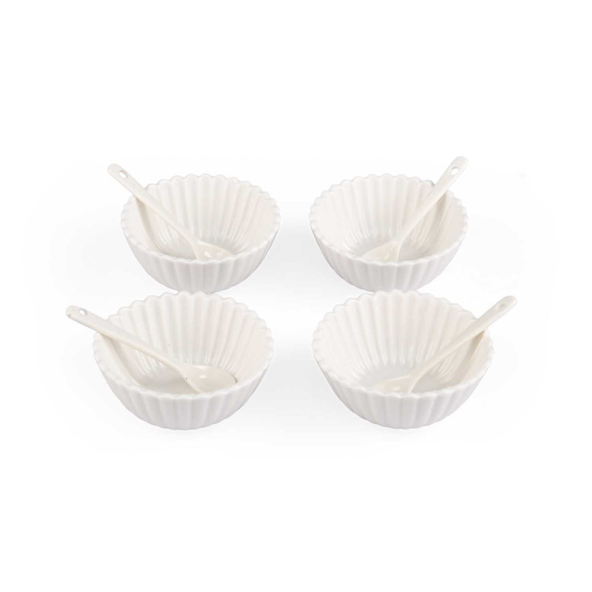 Round Ceramic Bowls and Spoons Set of 8- White