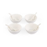 Round Ceramic Bowls and Spoons Set of 8- White