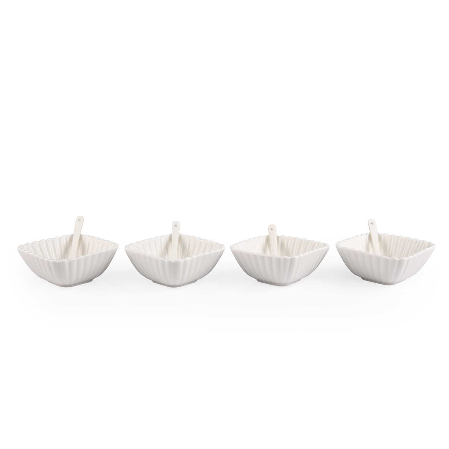 Square Ceramic Bowls and Spoons Set of 8- White