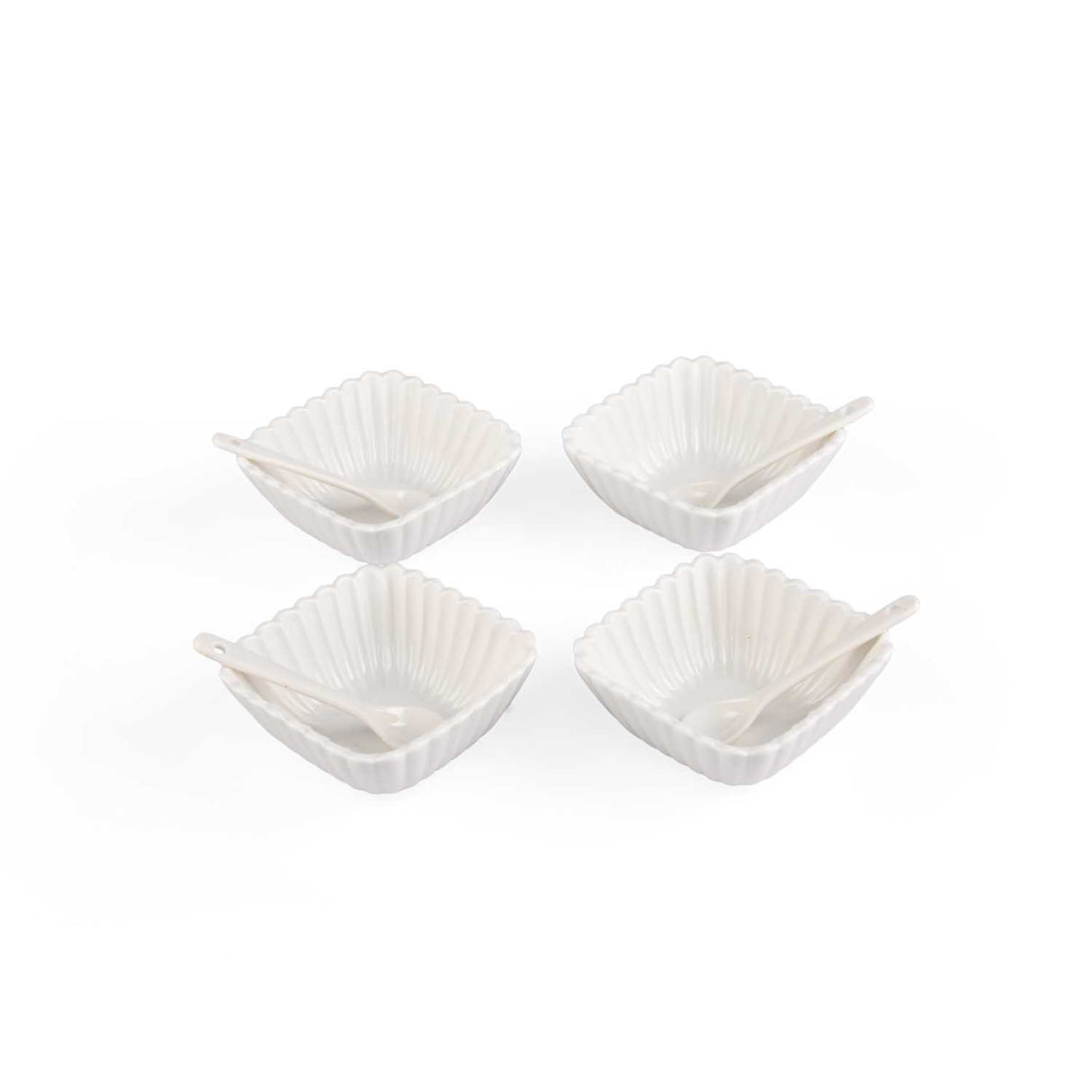 Square Ceramic Bowls and Spoons Set of 8- White